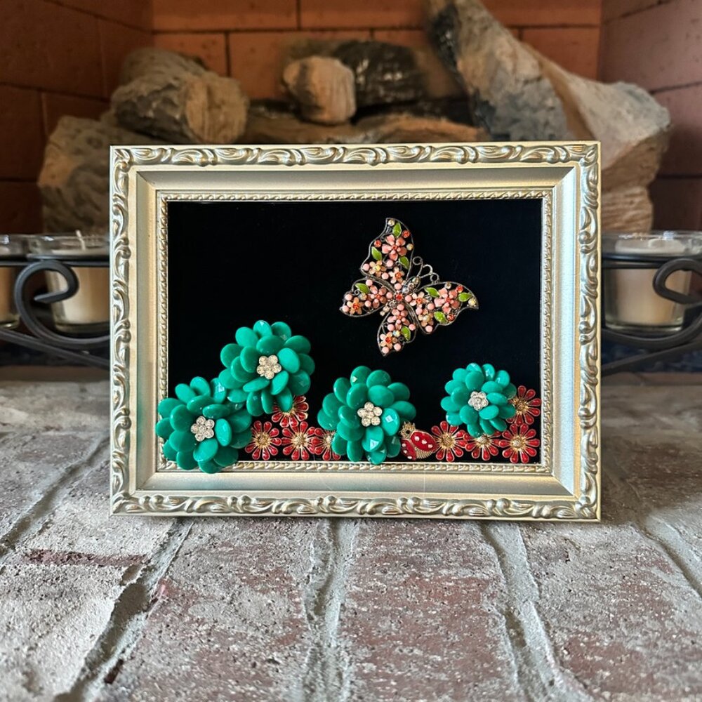 Green, Red, & Coral Flower Garden Vintage Framed Jewelry Art